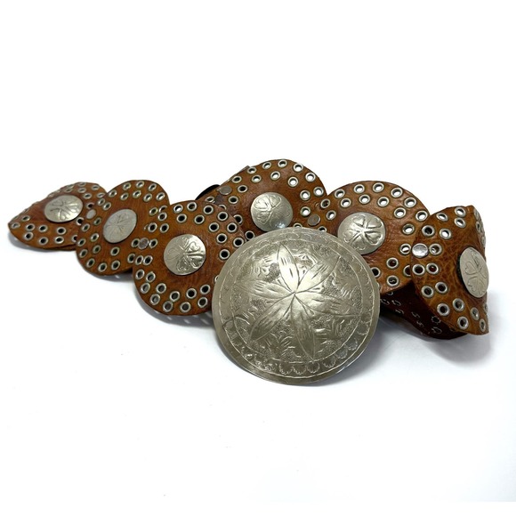 Leather Grommet Studded Round Disk Belt Floral Buckle Conchos 1970\'s main image 4